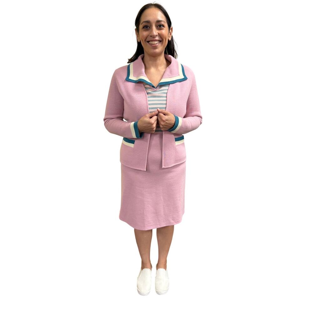 Vintage 70s Gina Teresa Pink & Teal Wool Blend Knit Dress and Jacket Set